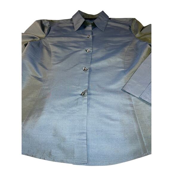 Lafayette 148 New York 100% Silk Iridescent Teal Crystal Button Blouse Size 12 - Picture 2 of 10